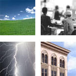 images of lightning in a night sky, a green meadow, people in an office and the corner of a brick built office building